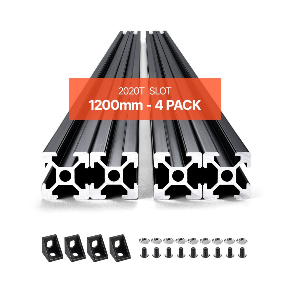 VEVOR 4PCS 47.2 in (1200mm) T Slot 2020 Aluminum Extrusion Profile, European Standard Anodized Linear Rail, High-Strength Extruded Aluminum Rail for 3D Printer, CNC Machine DIY, Laser Engraving, Black