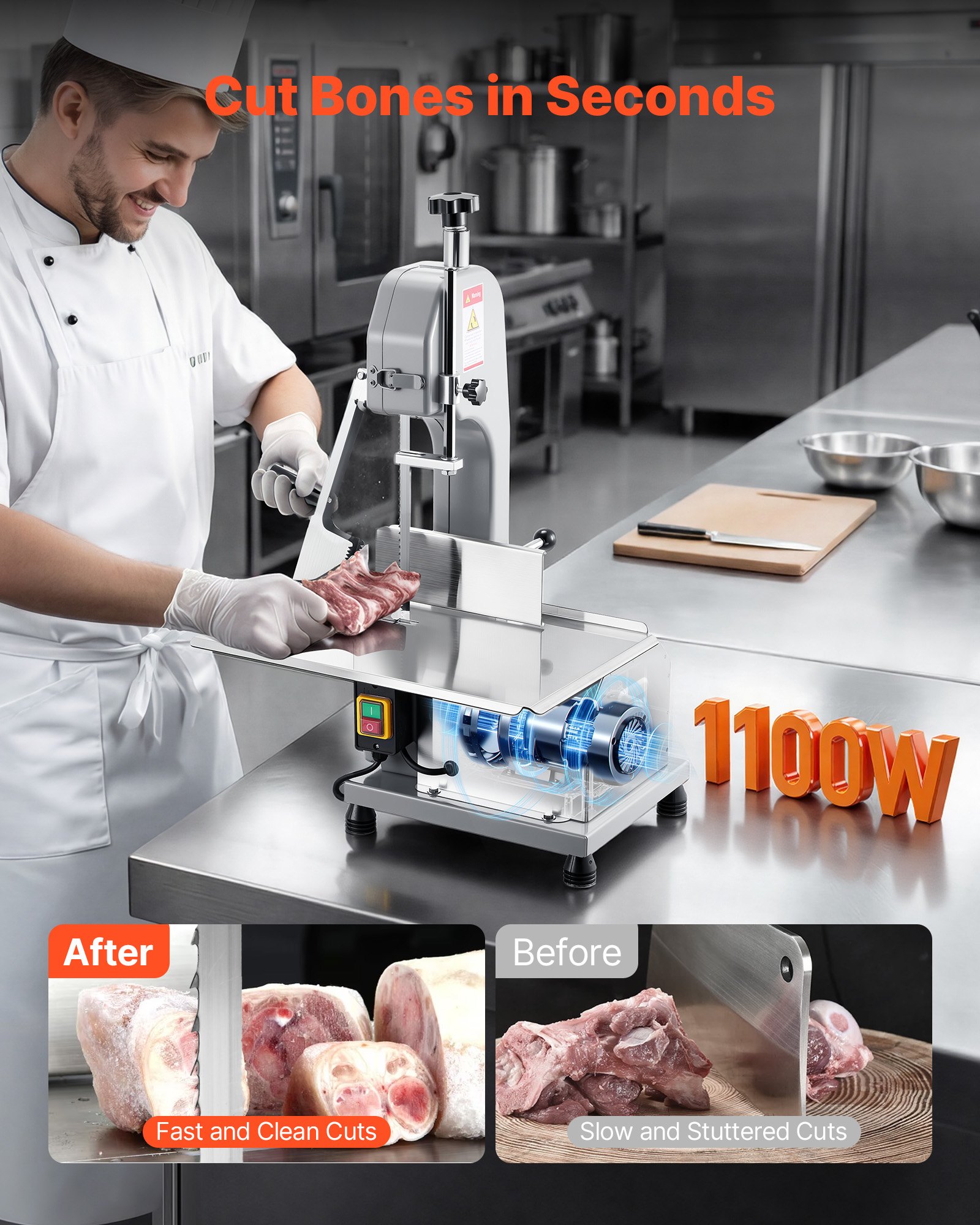 VEVOR Commercial Electric Meat Bandsaw, 1100W Bone Sawing Machine with 315 x 460 mm Workbench, 0-110 mm Cutting Thickness, 7 Extra Replacement Blades, for Cutting Bone, Frozen Meat, Pork, Beef & Ribs