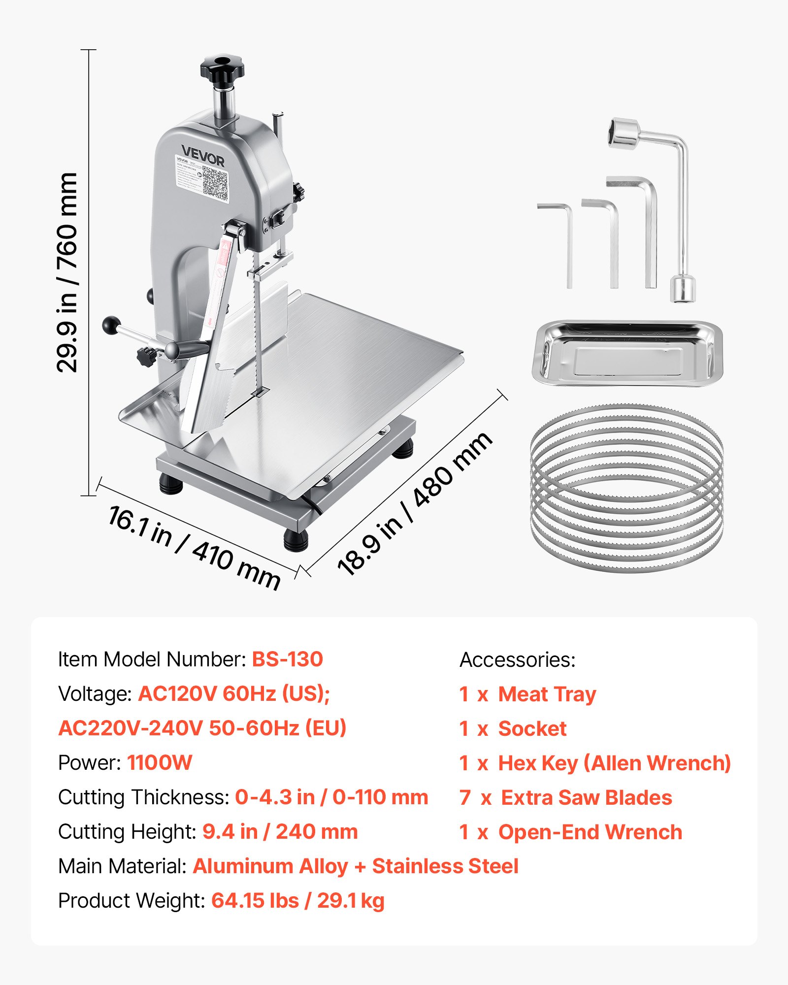 VEVOR Commercial Electric Meat Bandsaw, 1100W Bone Sawing Machine with 315 x 460 mm Workbench, 0-110 mm Cutting Thickness, 7 Extra Replacement Blades, for Cutting Bone, Frozen Meat, Pork, Beef & Ribs