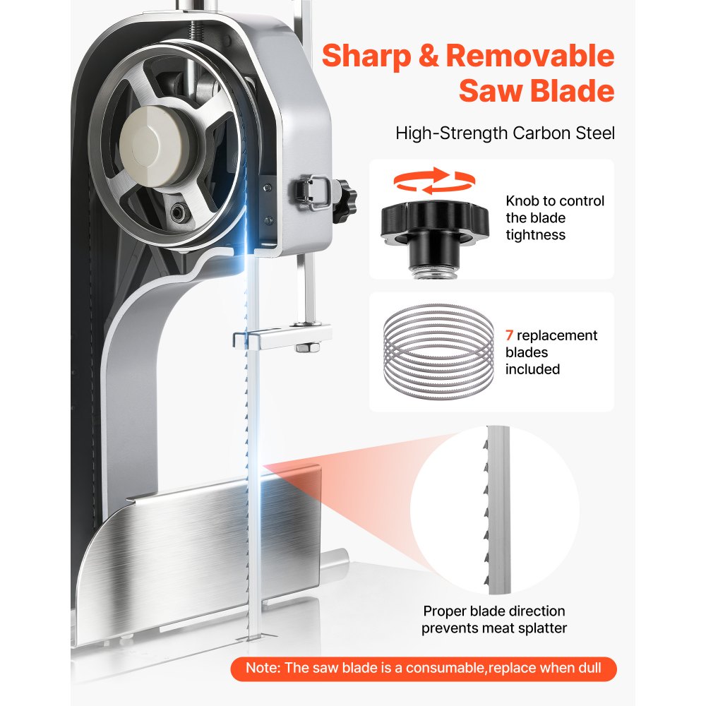 VEVOR elektrische vleesbandzaag 1500 W, bottenzaagmachine met werkoppervlak (315 x 460 mm), zaagdikte (0-110 mm) en 7 extra reservebladen, voor bevroren vlees en varkensvlees.