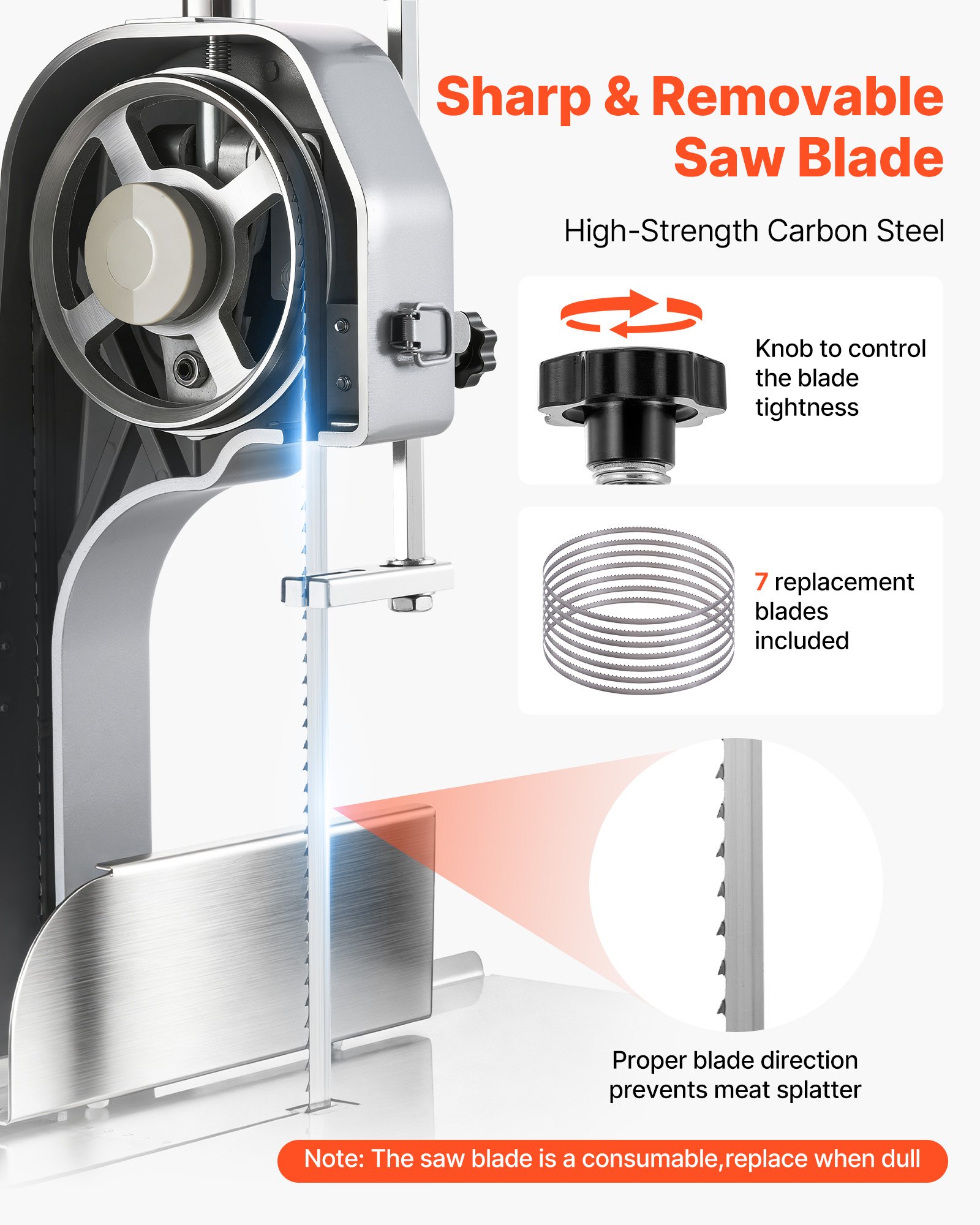 VEVOR elektrische vleesbandzaag 1500 W, bottenzaagmachine met werkoppervlak (315 x 460 mm), zaagdikte (0-110 mm) en 7 extra reservebladen, voor bevroren vlees en varkensvlees.