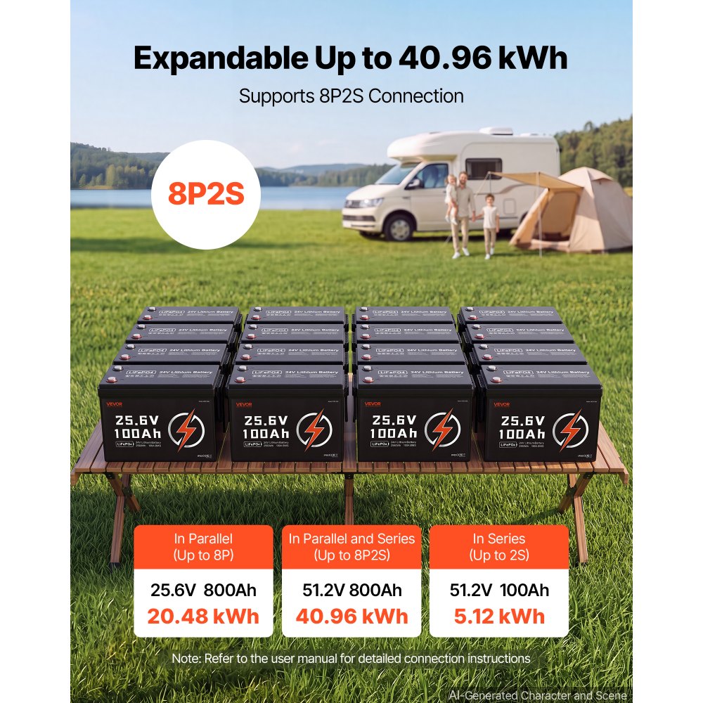 VEVOR LiFePO4-accu 24V 100Ah 100A lithiumbatterij voor elektromotoren, campers, caravans, zonne-energiesystemen en elektromotoren, met bescherming tegen lage temperaturen, draagbaar ontwerp en lichtgewicht constructie.