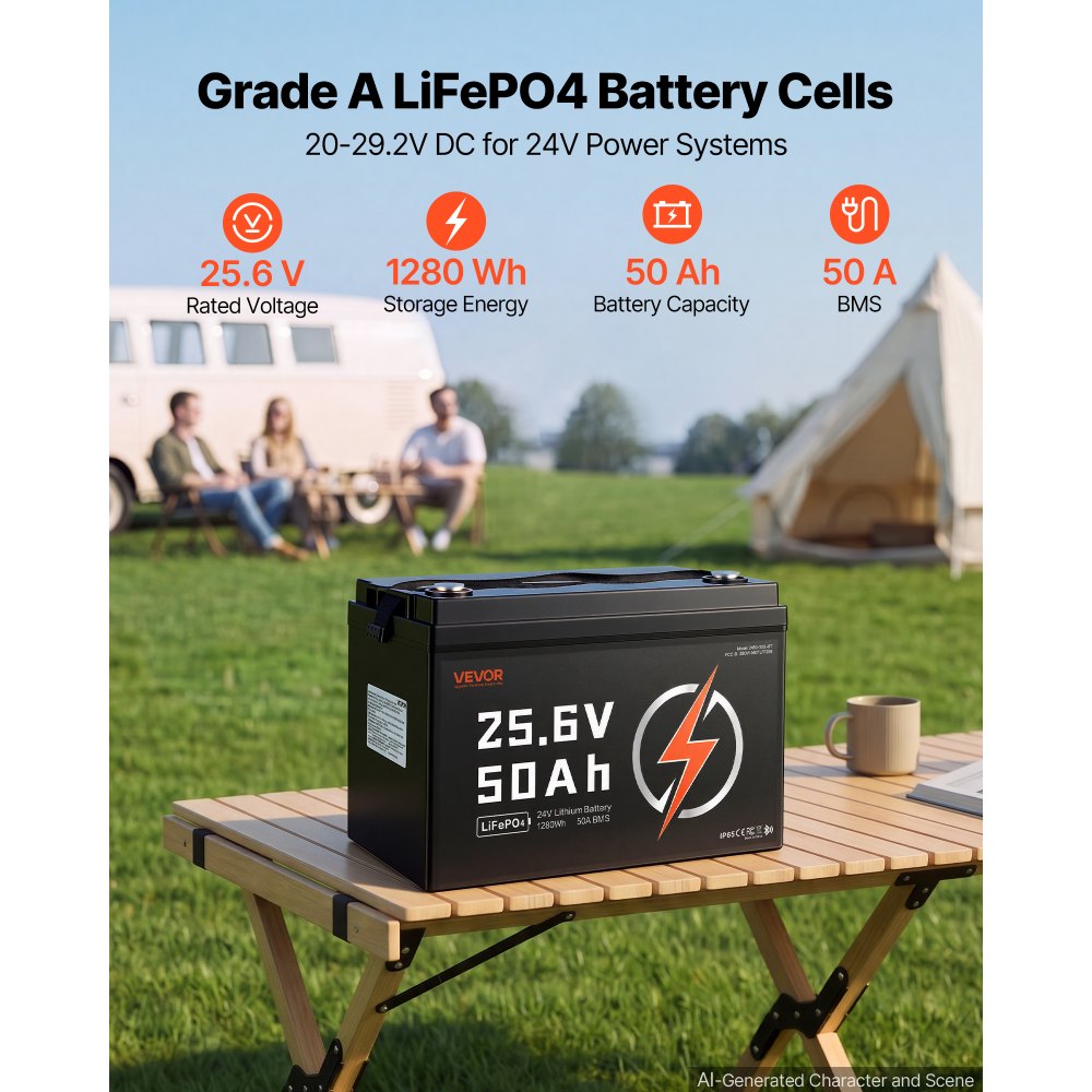 VEVOR LiFePO4-accu 24V 50Ah 50A lithiumaccu met Bluetooth BMS, geschikt voor campers, caravans, zonne-energieopslag en elektromotoren, 20-29,2V DC, bescherming tegen lage temperaturen, 1280Wh