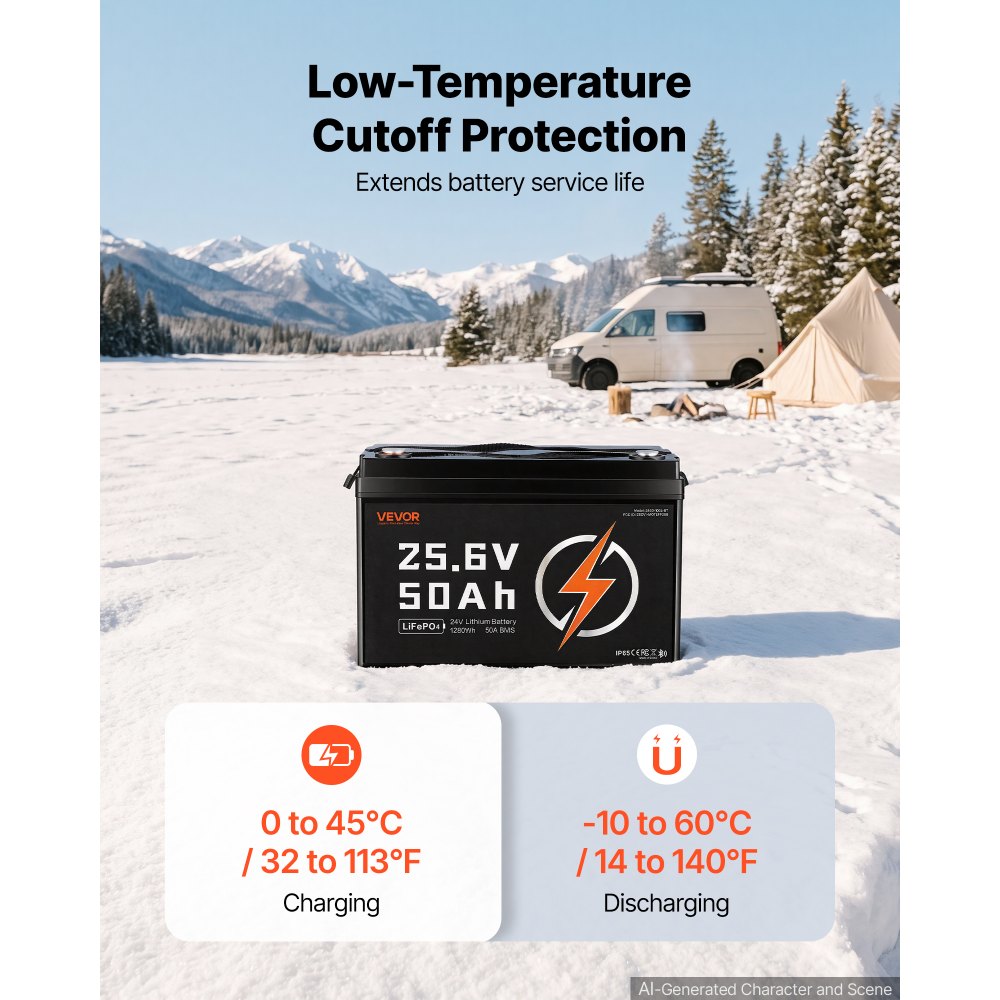 VEVOR LiFePO4-accu 24V 50Ah 50A lithiumaccu met Bluetooth BMS, geschikt voor campers, caravans, zonne-energieopslag en elektromotoren, 20-29,2V DC, bescherming tegen lage temperaturen, 1280Wh
