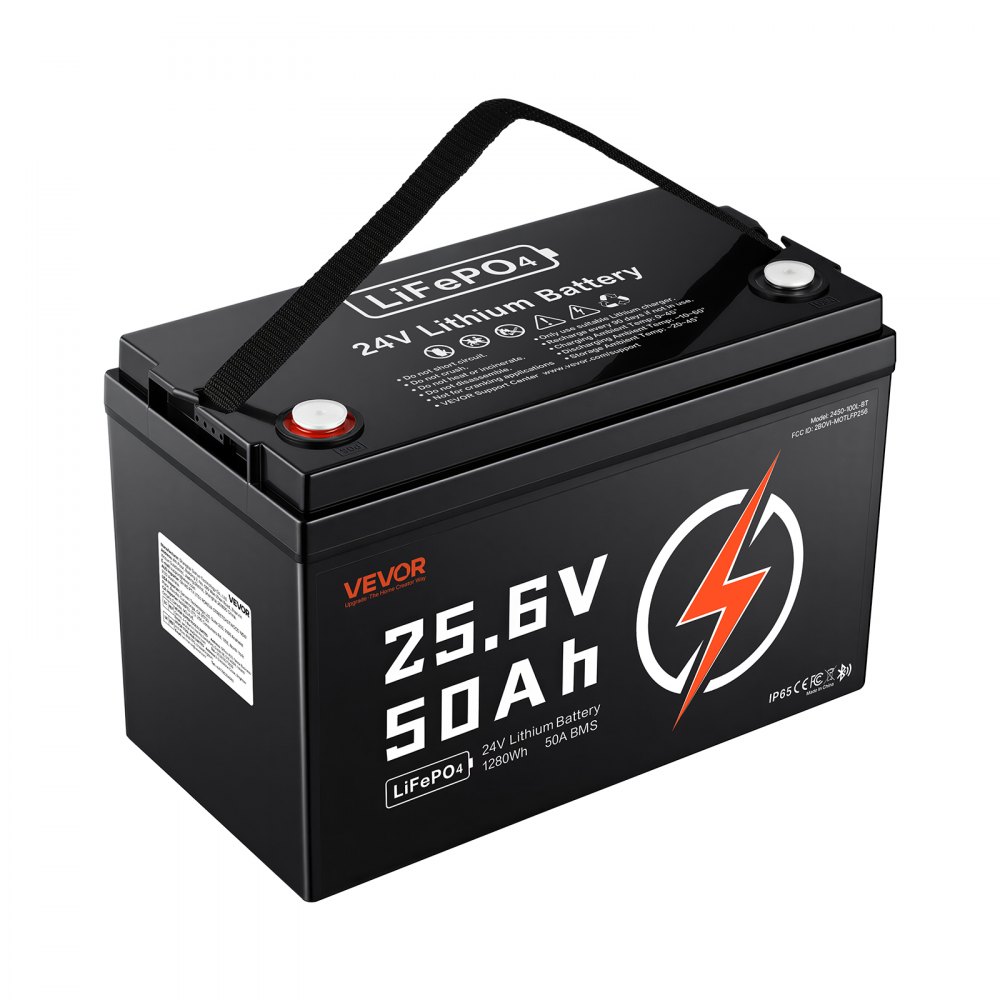 VEVOR LiFePO4-accu 24V 50Ah 50A lithiumaccu met Bluetooth BMS, geschikt voor campers, caravans, zonne-energieopslag en elektromotoren, 20-29,2V DC, bescherming tegen lage temperaturen, 1280Wh