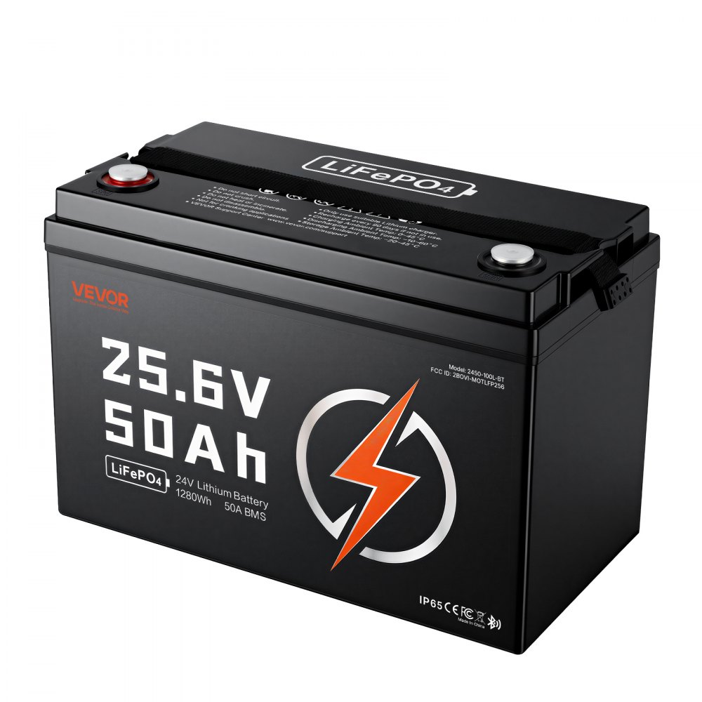VEVOR LiFePO4-accu 24V 50Ah 50A lithiumaccu met Bluetooth BMS, geschikt voor campers, caravans, zonne-energieopslag en elektromotoren, 20-29,2V DC, bescherming tegen lage temperaturen, 1280Wh