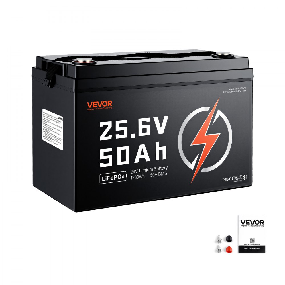VEVOR LiFePO4-accu 24V 50Ah 50A lithiumaccu met Bluetooth BMS, geschikt voor campers, caravans, zonne-energieopslag en elektromotoren, 20-29,2V DC, bescherming tegen lage temperaturen, 1280Wh