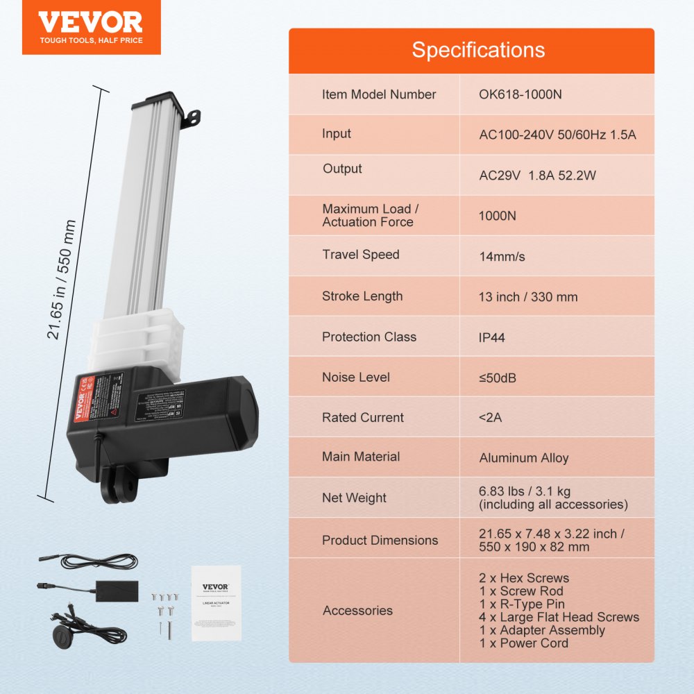 VEVOR Lineaire Actuator Kit, 330 mm hoge snelheid lineaire actuator met 14 mm/s, 24 V, 220 lbs/1000 N lineaire actuator voor het tillen van tv's/tafels/banken, IP44-bescherming - Adaptervoeding