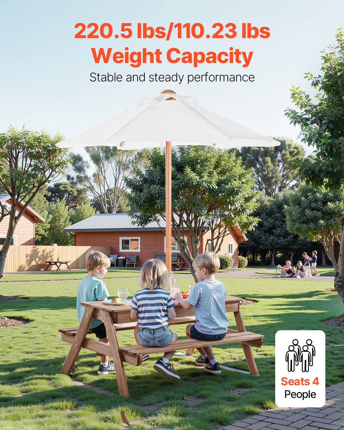 VEVOR Kids Picnic Table with Umbrella, 3-in-1 Sand & Water Table, Outdoor Wooden Table and Bench Set with 2 Trays, 4-People Patio Dining Furniture for Garden, Backyard and Porch (Walnut)
