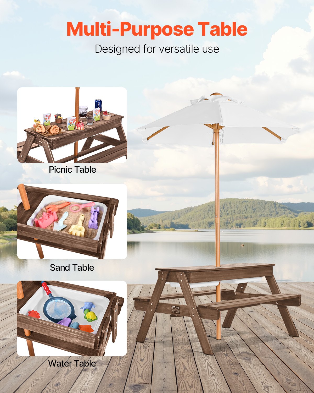 VEVOR Kids Picnic Table with Umbrella, 3-in-1 Sand & Water Table, Outdoor Wooden Table and Bench Set with 2 Trays, 4-People Patio Dining Furniture for Garden, Backyard and Porch (Walnut)