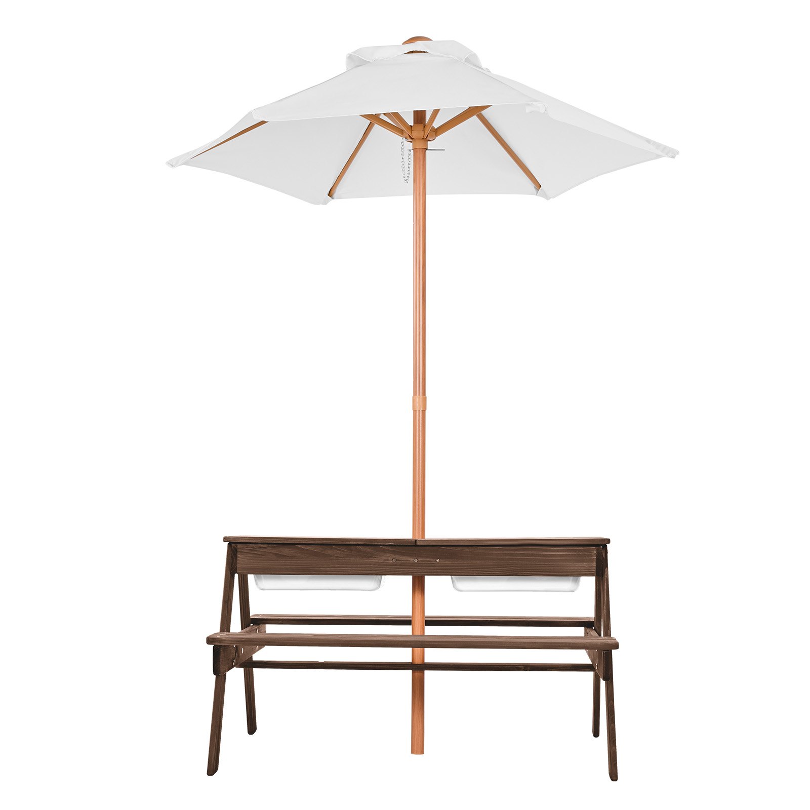 VEVOR Kids Picnic Table with Umbrella, 3-in-1 Sand & Water Table, Outdoor Wooden Table and Bench Set with 2 Trays, 4-People Patio Dining Furniture for Garden, Backyard and Porch (Walnut)