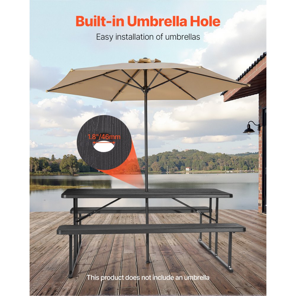 VEVOR Foldable Picnic Table, 6 FT Folding Picnic Tables with Benches, Steel Outdoor Bench Set with Umbrella Hole, Large Outside Dining Table for Patio Garden Yard Poolside (Black)