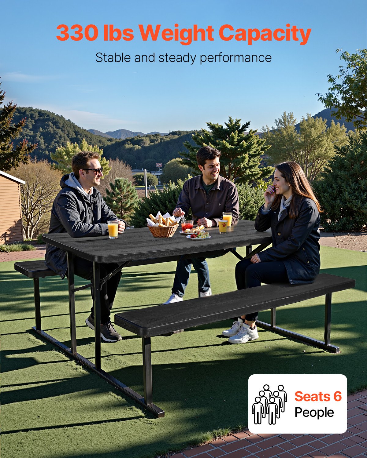 VEVOR Foldable Picnic Table, 6 FT Folding Picnic Tables with Benches, Steel Outdoor Bench Set with Umbrella Hole, Large Outside Dining Table for Patio Garden Yard Poolside (Black)