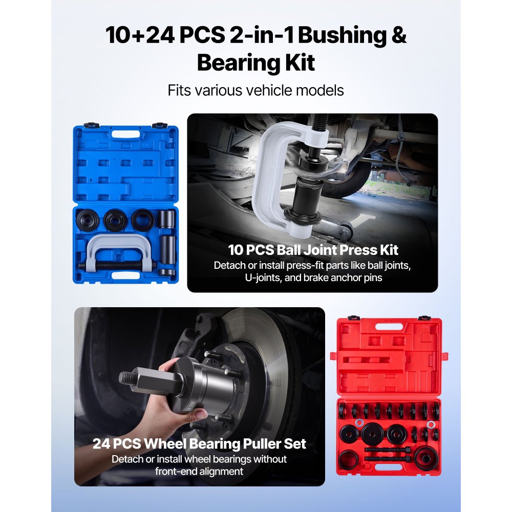 VEVOR lagerpersset 10+24-delig, 2-in-1 kogelgewrichtpers & wiellagertrekkerset, afdichtingsdriverset met 13 bussen, C-frame en hulzen, robuuste demontage- en installatieset met koffer