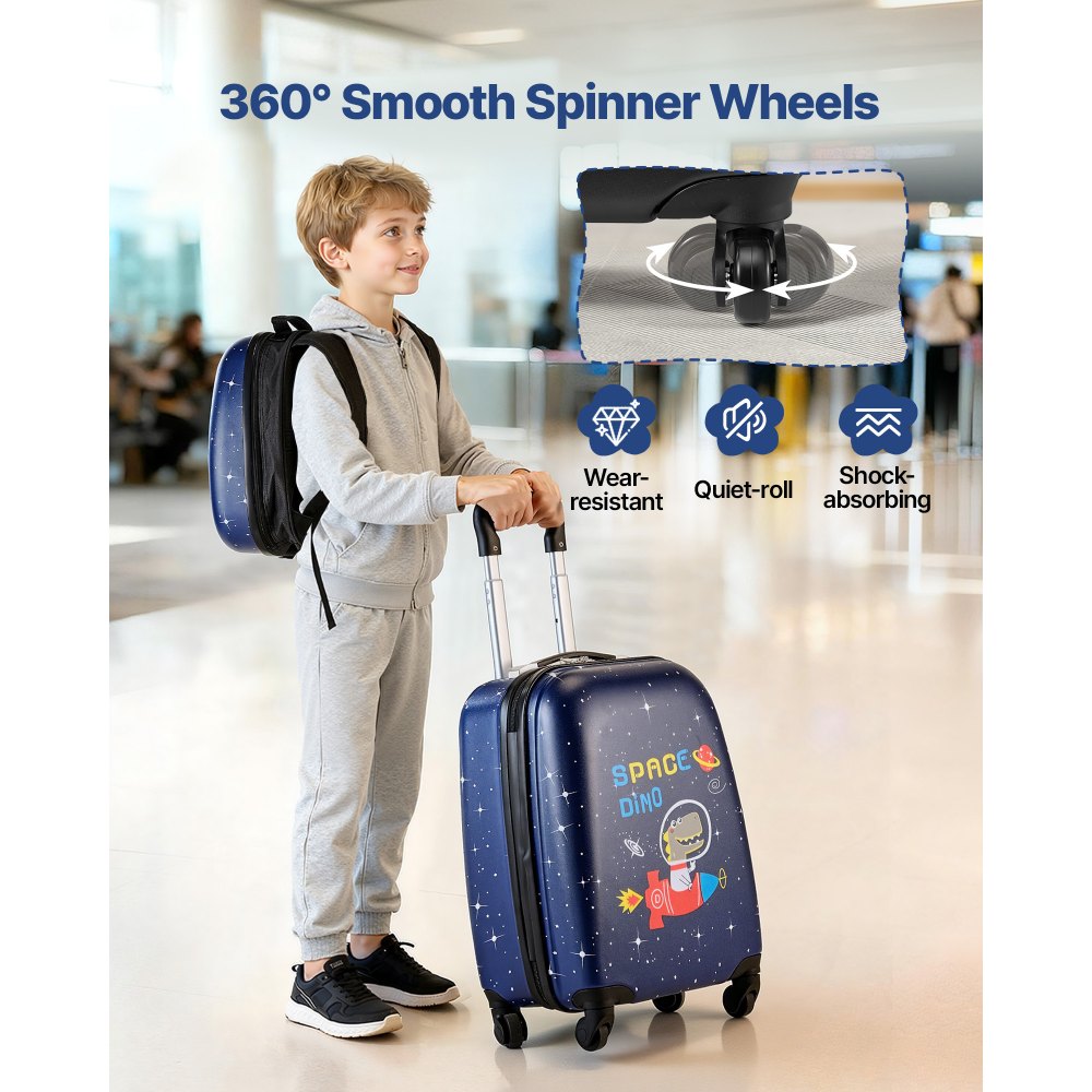 VEVOR 2-delige kinderkofferset, 457,2 mm, harde koffer met wielen & rugzak, kindertrolley, kinderkoffer, perfect cadeau voor jongens en meisjes, praktisch voor reizen en vliegen (Dinosaur)