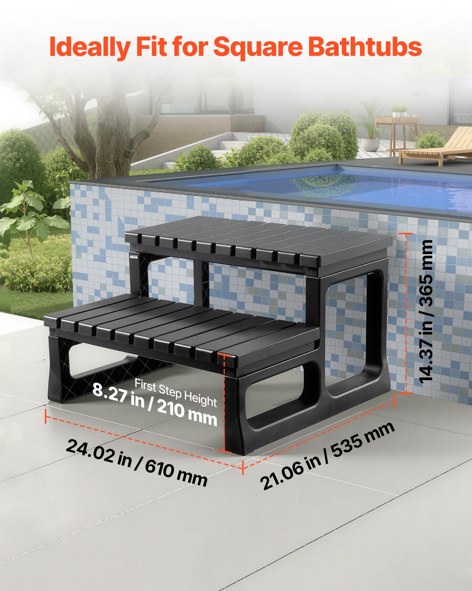 VEVOR Badkuiptrap Zwembadtrap 2-trede buitentrap, 599,44 mm brede PP-ladder voor bovengrondse/opblaasbare zwembaden met een draagvermogen van 145,15 kg, veelzijdig voor veranda's, patio's en campers