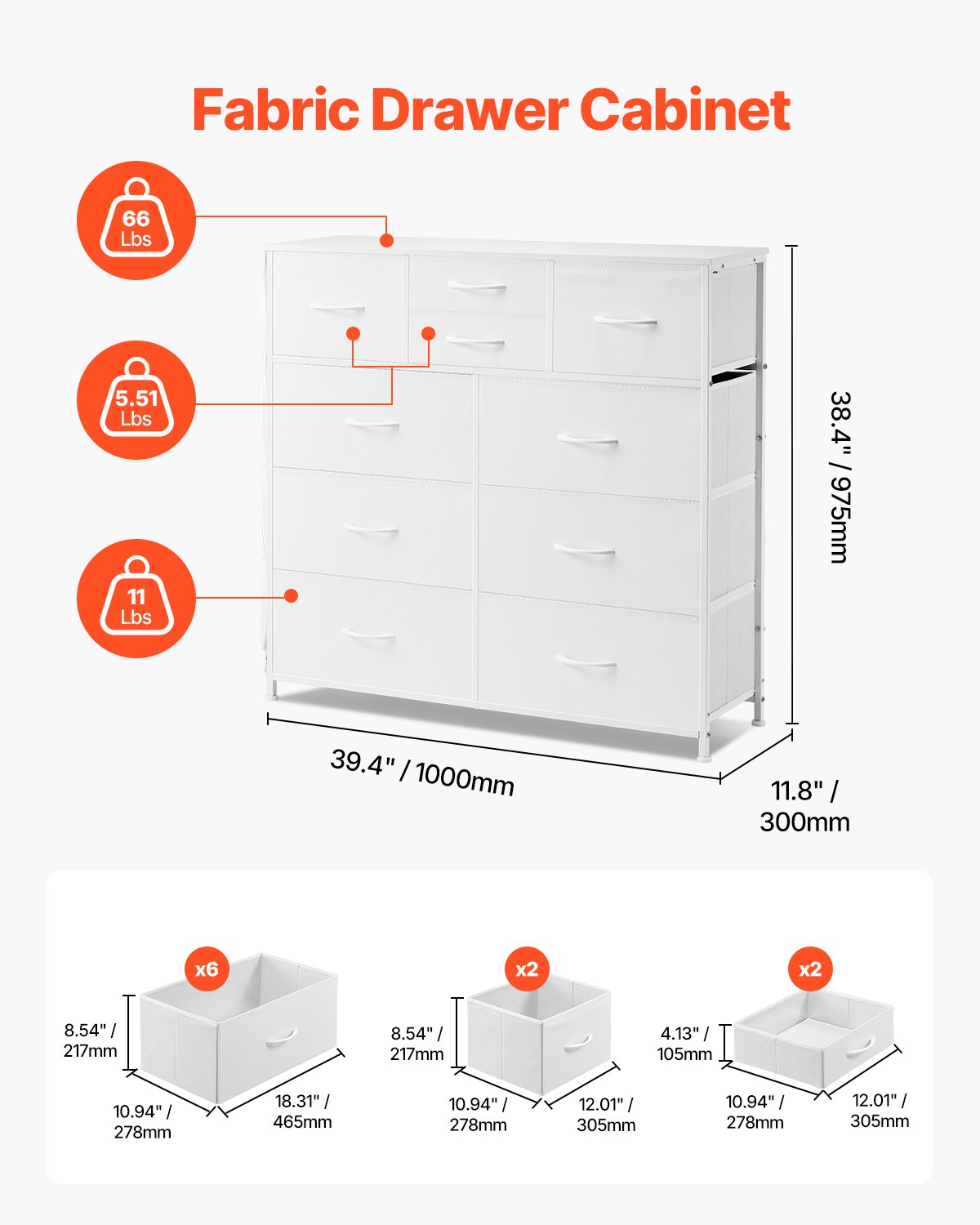 VEVOR 10 Drawer Dresser, Fabric Drawer Dresser with Fabric Bins, Closet Storage Drawers with Easy Pull Handle and Sturdy Steel Frame, Fabric Storage Tower for Bedroom, Hallway, Closet, Nursery, White
