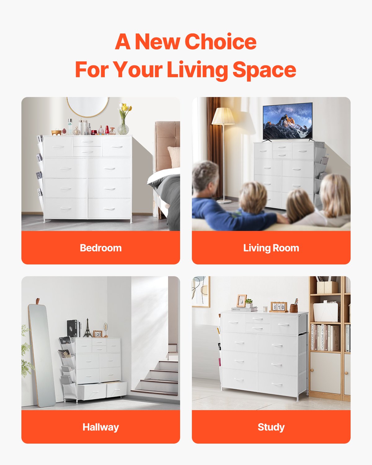 VEVOR 10 Drawer Dresser, Fabric Drawer Dresser with Fabric Bins, Closet Storage Drawers with Easy Pull Handle and Sturdy Steel Frame, Fabric Storage Tower for Bedroom, Hallway, Closet, Nursery, White