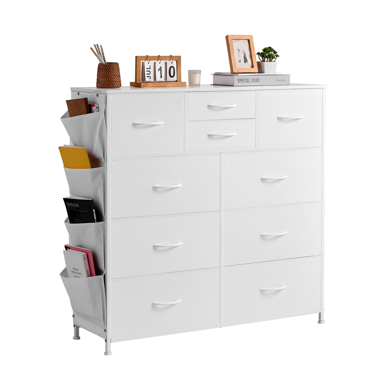 VEVOR 10 Drawer Dresser, Fabric Drawer Dresser with Fabric Bins, Closet Storage Drawers with Easy Pull Handle and Sturdy Steel Frame, Fabric Storage Tower for Bedroom, Hallway, Closet, Nursery, White