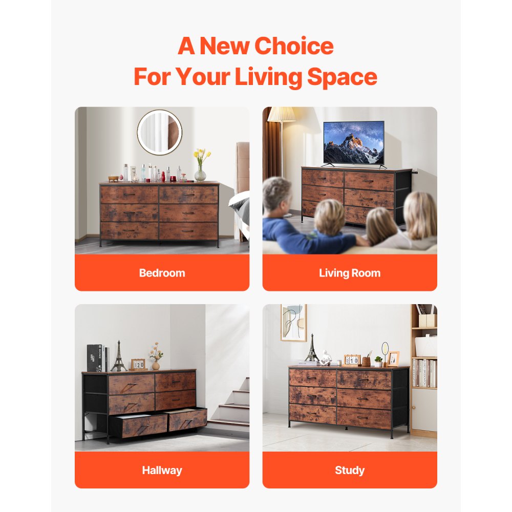 VEVOR 6 Drawer Dresser, Tall Chest Organizer Drawer Dresser, TV Stand with Storage, Closet Storage Drawers with Sturdy Steel Frame, Fabric Storage Tower for Bedroom, Hallway, Closet, Rustic Brown