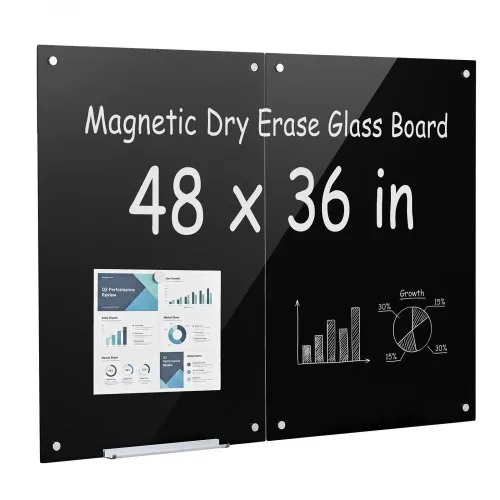 VEVOR Magnetisch Whiteboard 90x60 cm Wandmontage Magnetisch Bord 2-pack Zwart, Kantoor School Klaslokaal Thuisonderwijs Frameloos 4,3 mm Dik Veiligheidsglas incl. Markers, Magneten, Spons
