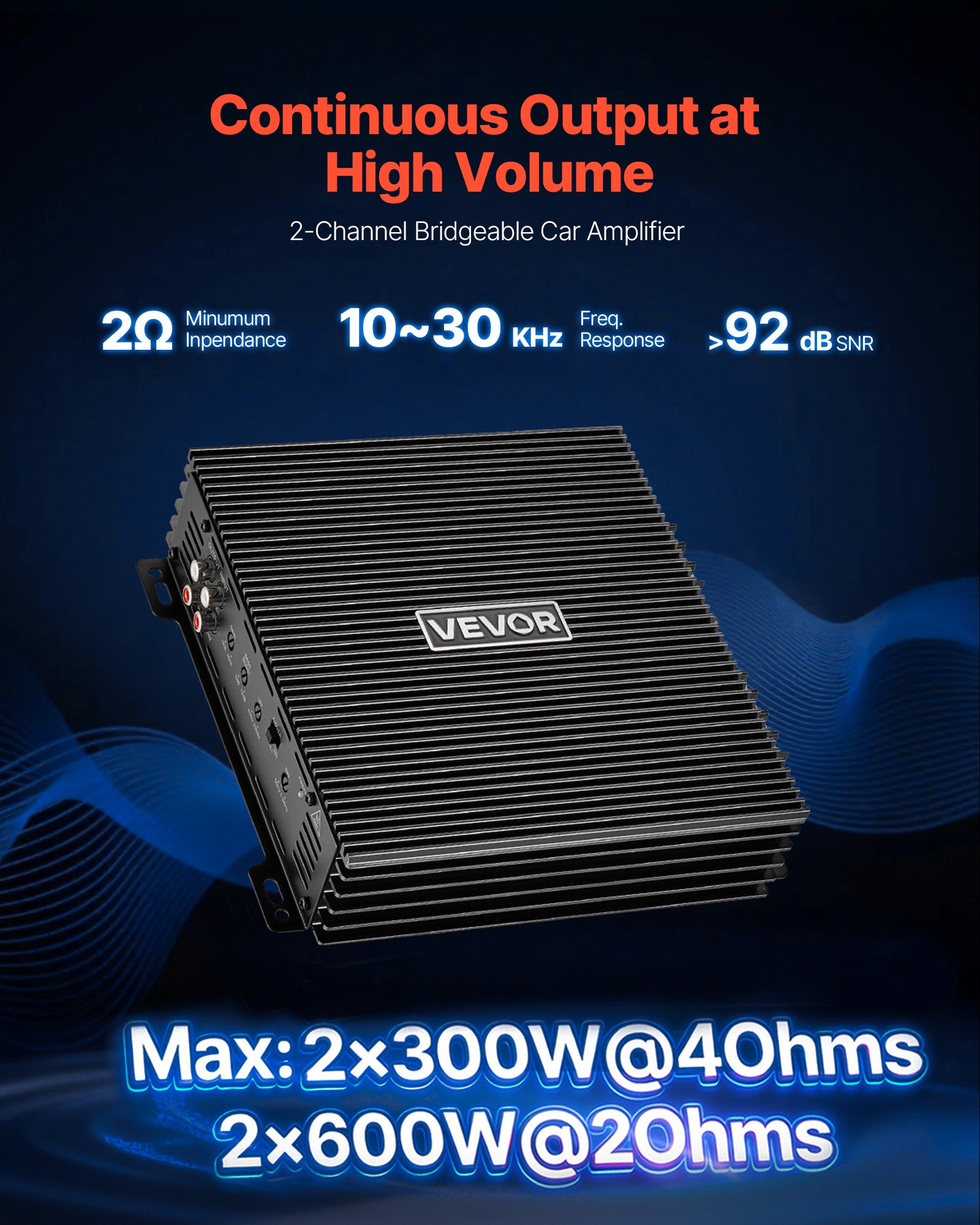 VEVOR 2-kanaals auto-versterker, klasse AB brugversterker, max. 2 x 300 W bij 4 ohm / 2 x 600 W bij 2 ohm, krachtige versterker voor SUV's, pick-ups en terreinwagens, meerkanaals audioversterker