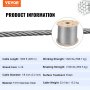 VEVOR T316 roestvrijstalen staalkabel, flexibele roestvrijstalen kabel met hoge treksterkte, buitendiameter 3,2 mm, lengte 1000 ft, kabelrailing van 11,14 kN (300 m)