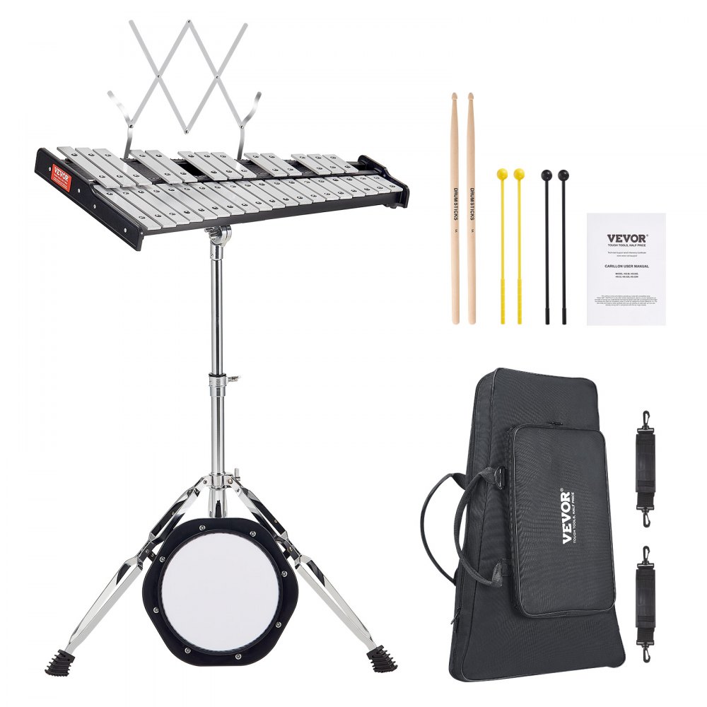 VEVOR glockenspiel kit with adjustable stand, mallets, drumsticks, user manual, and black carry bag.