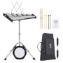 VEVOR glockenspiel kit with adjustable stand, mallets, drumsticks, user manual, and black carry bag.