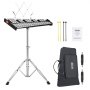 VEVOR glockenspiel kit with a metal stand, black and yellow mallets, user manual, and carrying bag.