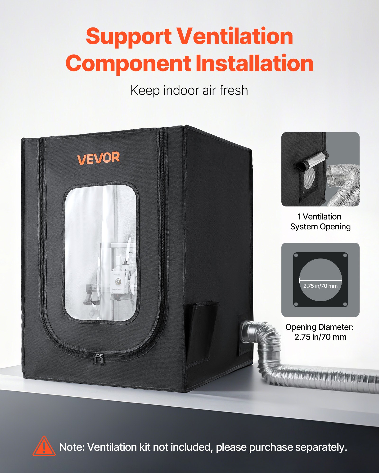 VEVOR 3D-printerbehuizing/printertent (55 x 65 x 75 cm), stofbestendige beschermkap met constante temperatuurregeling en ledverlichting, compatibel met gangbare modellen van Creality/ELEGOO/Anycubic