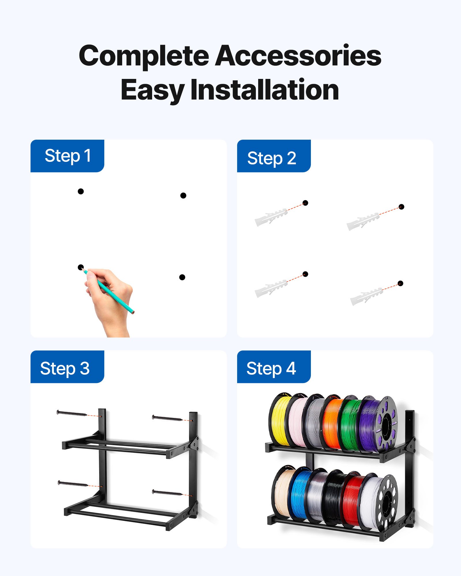 VEVOR Wall Mount Printer Filament Storage Rack, 2-Tier Wall Bracket Storage Shelf, Rolling Filament Spool Holders Racks with Wheels, Filaments Organzied for 3D Printing Studio, Workshop (Shelf Only)