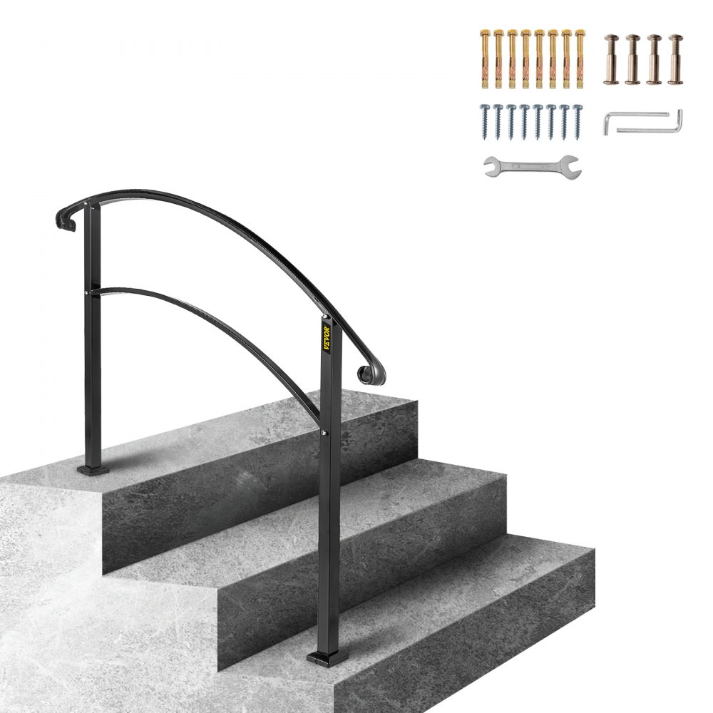 VEVOR handrails on concrete steps with installation hardware and tools.