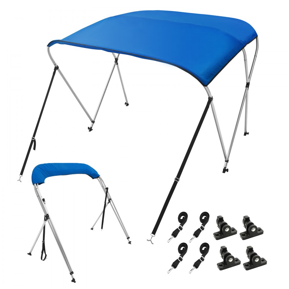 VEVOR 3 Arch Bimini Top Boat Cover, 1370-1520mm Installation Width 900D Polyester Canopy with Aluminum Alloy Frame, Waterproof & Sun Protection, Includes Storage Box, 2 Support Poles Blue