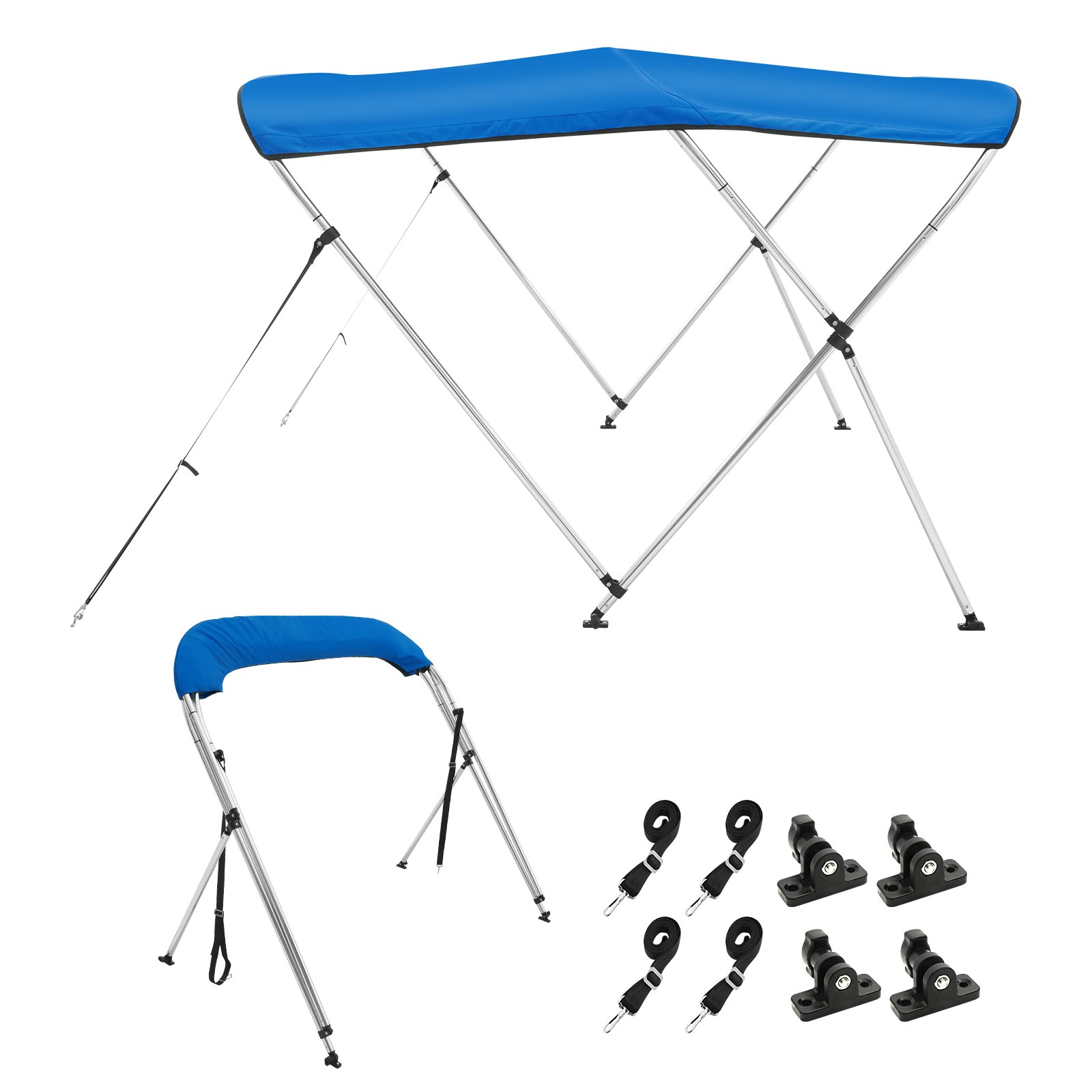 VEVOR 3-boogs Biminitop boothoes, installatiebreedte 1370-1520 mm, 900D polyester luifel met aluminium frame, waterdicht en zonwerend, inclusief opbergdoos, 2 steunpalen, blauw