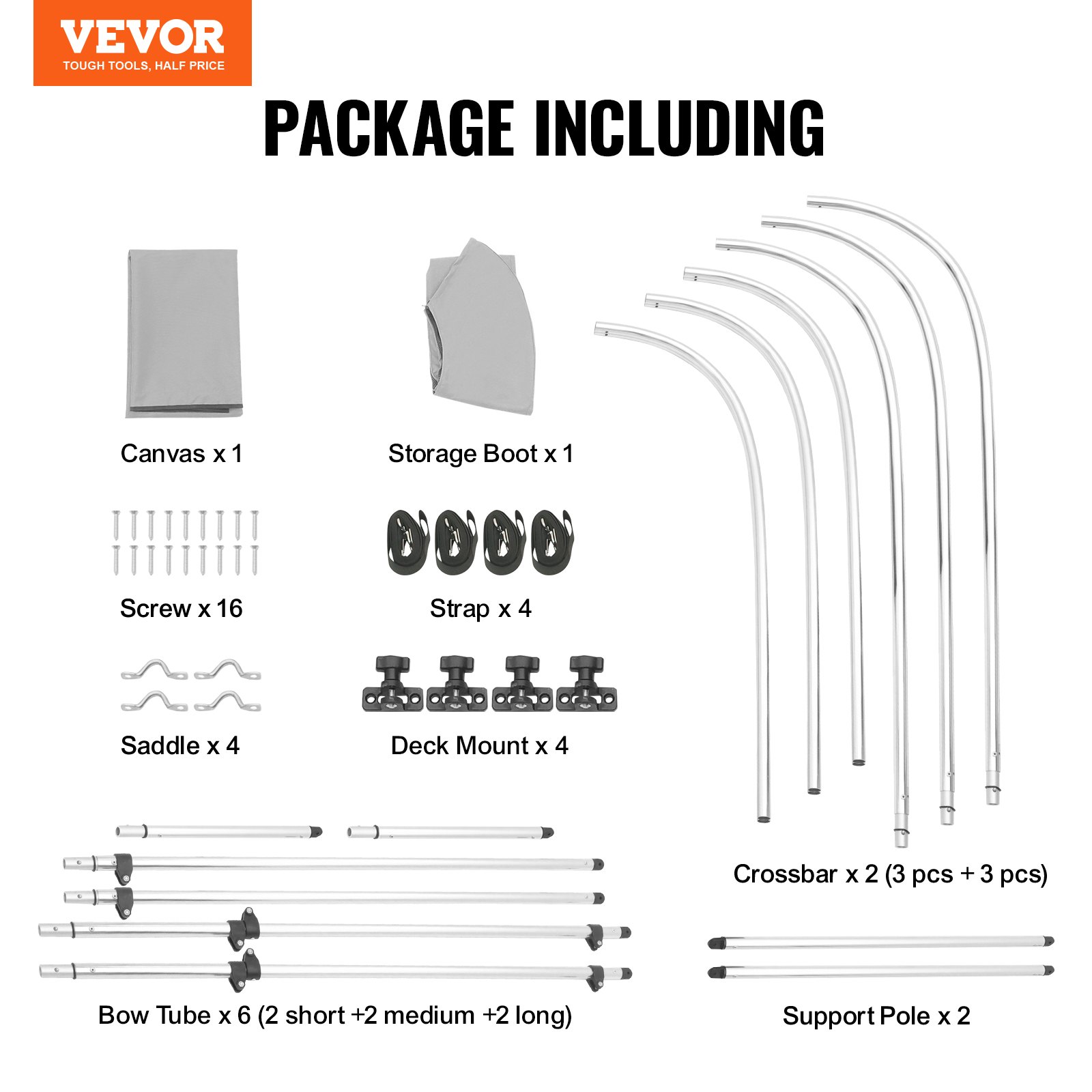 VEVOR 3-boogs Biminitop boothoes, installatiebreedte 155-167 cm, 900D polyester luifel met aluminium frame, waterdicht en zonwerend, inclusief opbergdoos, 2 steunpalen, lichtgrijs