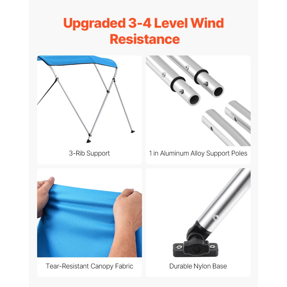 VEVOR Bimini Top Bootkap Zonnescherm (3 Bogen) Gemaakt van 600D Polyester met Aluminiumlegering Frame, Waterdichte Zonnescherm Bootluifel met Opbergtas, 216-229 cm (B) Blauw