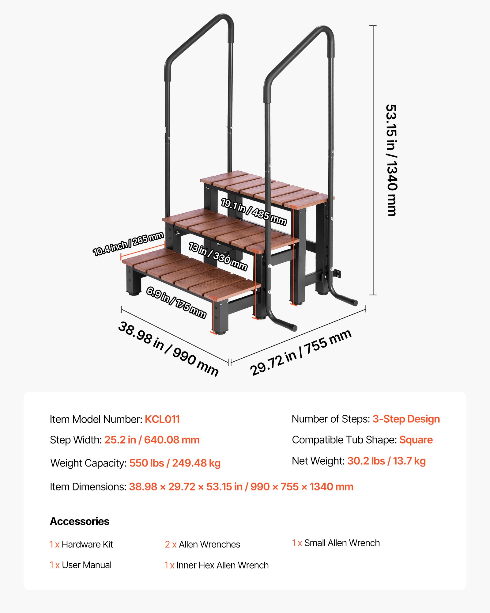 VEVOR Badkuipopstapje Zwembadopstapje 3-treden Camperopstapje, 640,08 mm breed Buitenopstapje voor bovengrondse/opblaasbare zwembaden met een draagvermogen van 249,48 kg, Veelzijdig te gebruiken voor veranda of terras