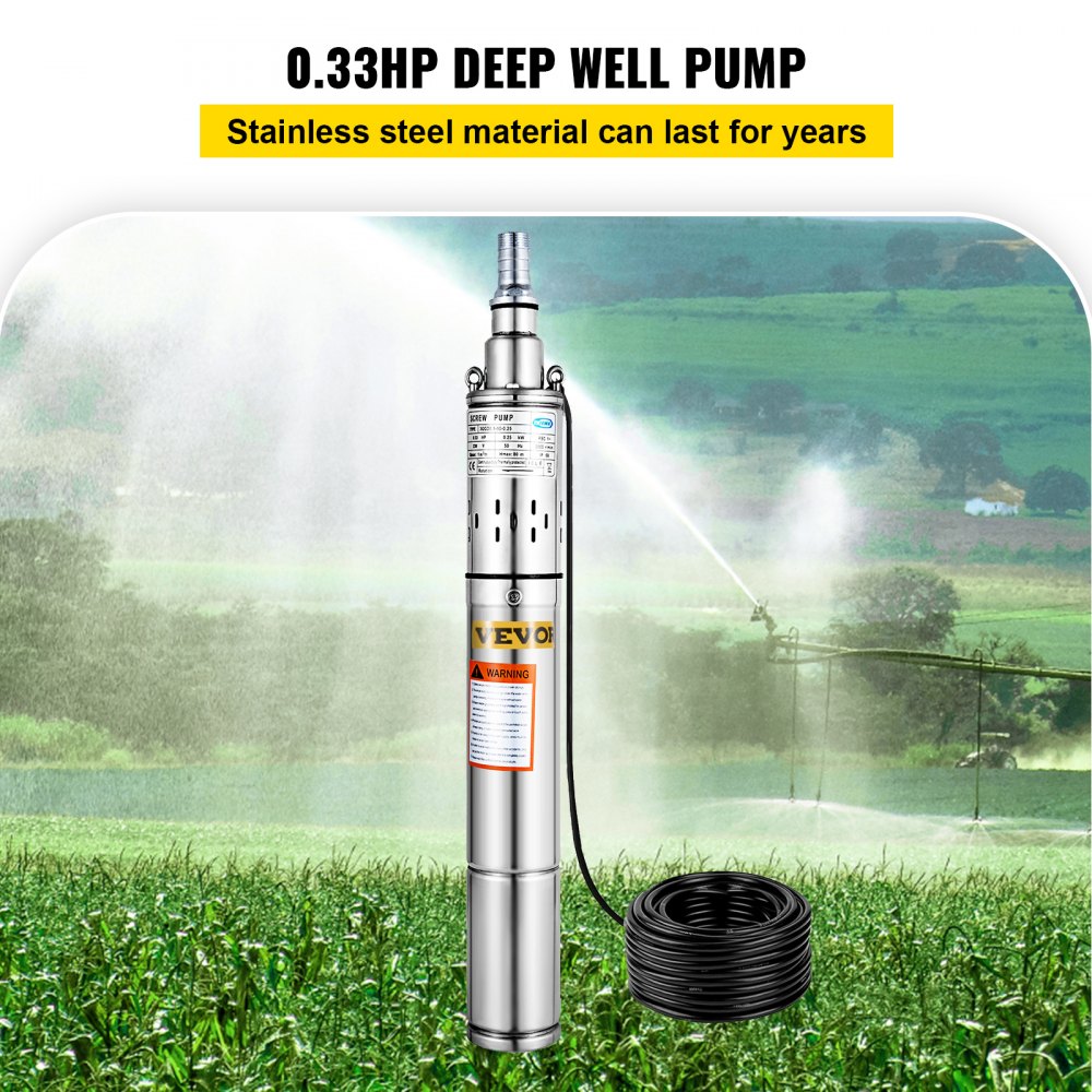 VEVOR Stainless Steel Submersible Well Pump 220V Submersible Pump for Wells 0.25KW Depth Pump Up to 80m Flow Rate 1600L / H Submersible Pump with 20m Cable