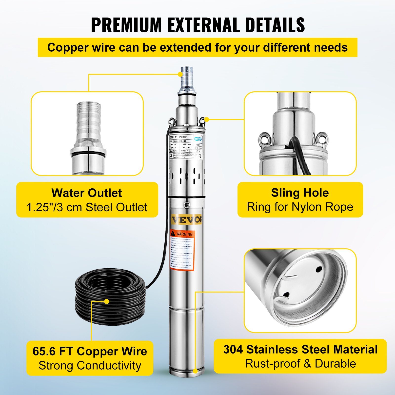 VEVOR Stainless Steel Submersible Well Pump 220V Submersible Pump for Wells 0.25KW Depth Pump Up to 80m Flow Rate 1600L / H Submersible Pump with 20m Cable