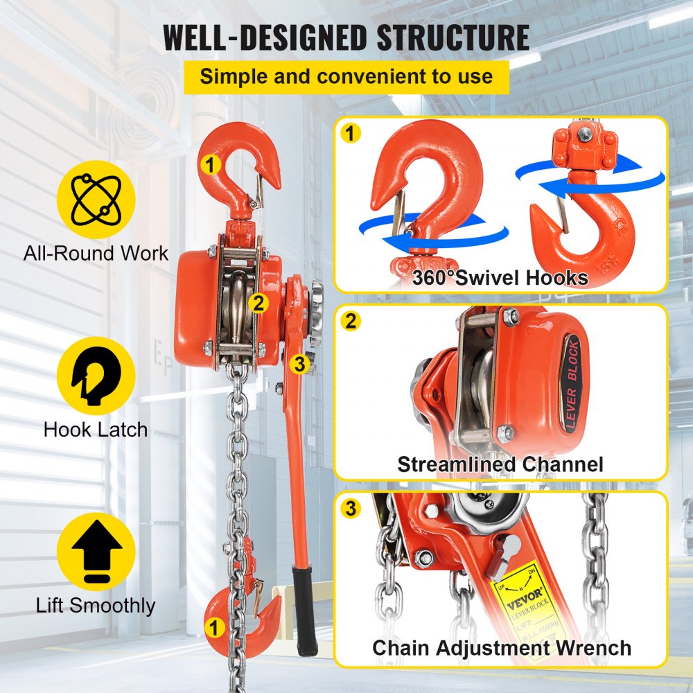 VEVOR 3T Chian Hoist Manual Lever Chain Hoist 6M 6600lbs 20ft Ratcheting Lever Block Chain Hoist Come Along Puller Pulley for Warehouse Garages