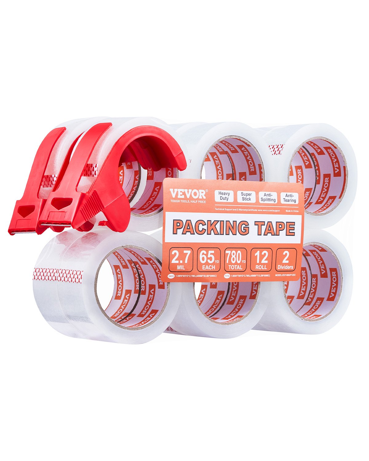 VEVOR Transparante verpakkingstape, kern 76,2 mm, verpakking van 12 stuks 47,8 mm x 59,436 m Pakkettape met dispenser, 0,068 mm sterke tape, ideaal voor verhuizingen, opslag en verpakking, verzending en postverzending
