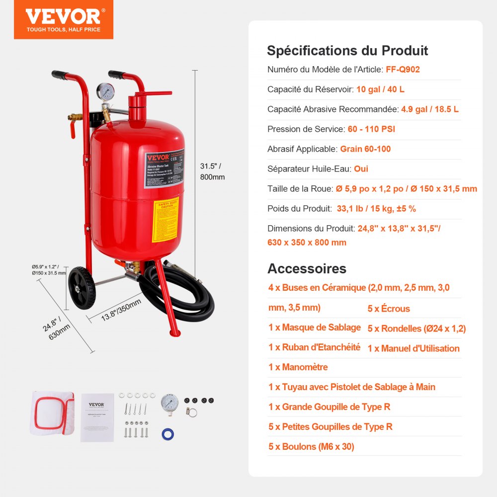 VEVOR 40L Zandstraler Uitgerust met sproeier, afsluitklep, drukmeter, keramische sproeier, 2,5 m slang, vultrechter, waterafscheider, 6" rubberen wielen, zandstraler, draagbare zandstraalmachine