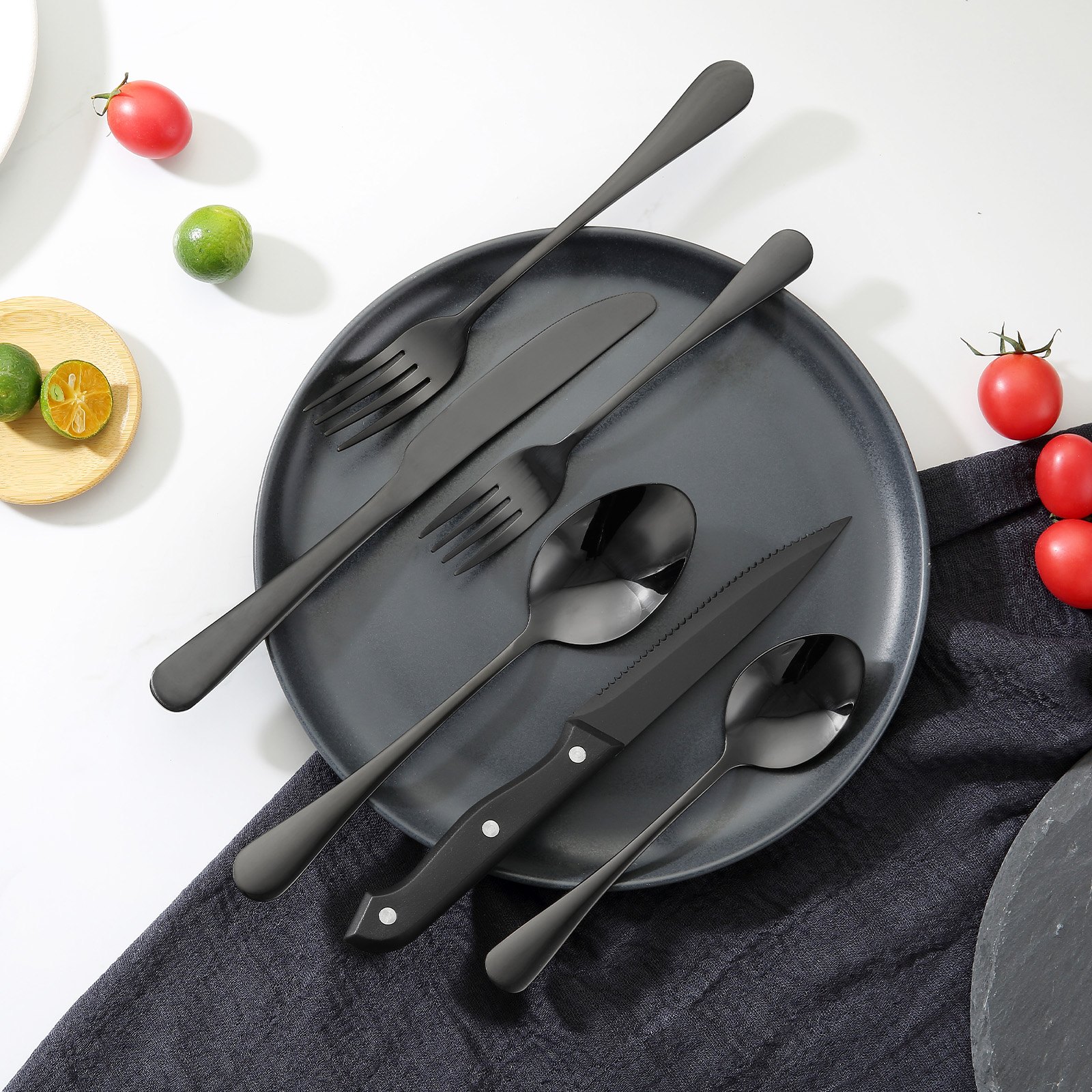 VEVOR 48-Piece Black Silverware Set with Steak Knives, Food-Grade Stainless Steel Flatware Utensils for 8, Mirror Finished Cutlery Set, Dishwasher Safe Eating Tableware for Kitchen Home, Service for 8