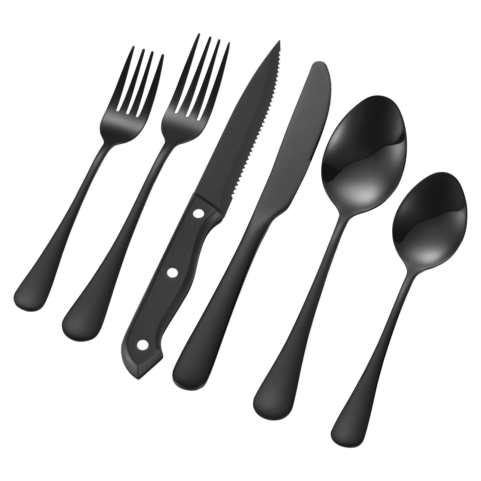 VEVOR 48-Piece Black Silverware Set with Steak Knives, Food-Grade Stainless Steel Flatware Utensils for 8, Mirror Finished Cutlery Set, Dishwasher Safe Eating Tableware for Kitchen Home, Service for 8