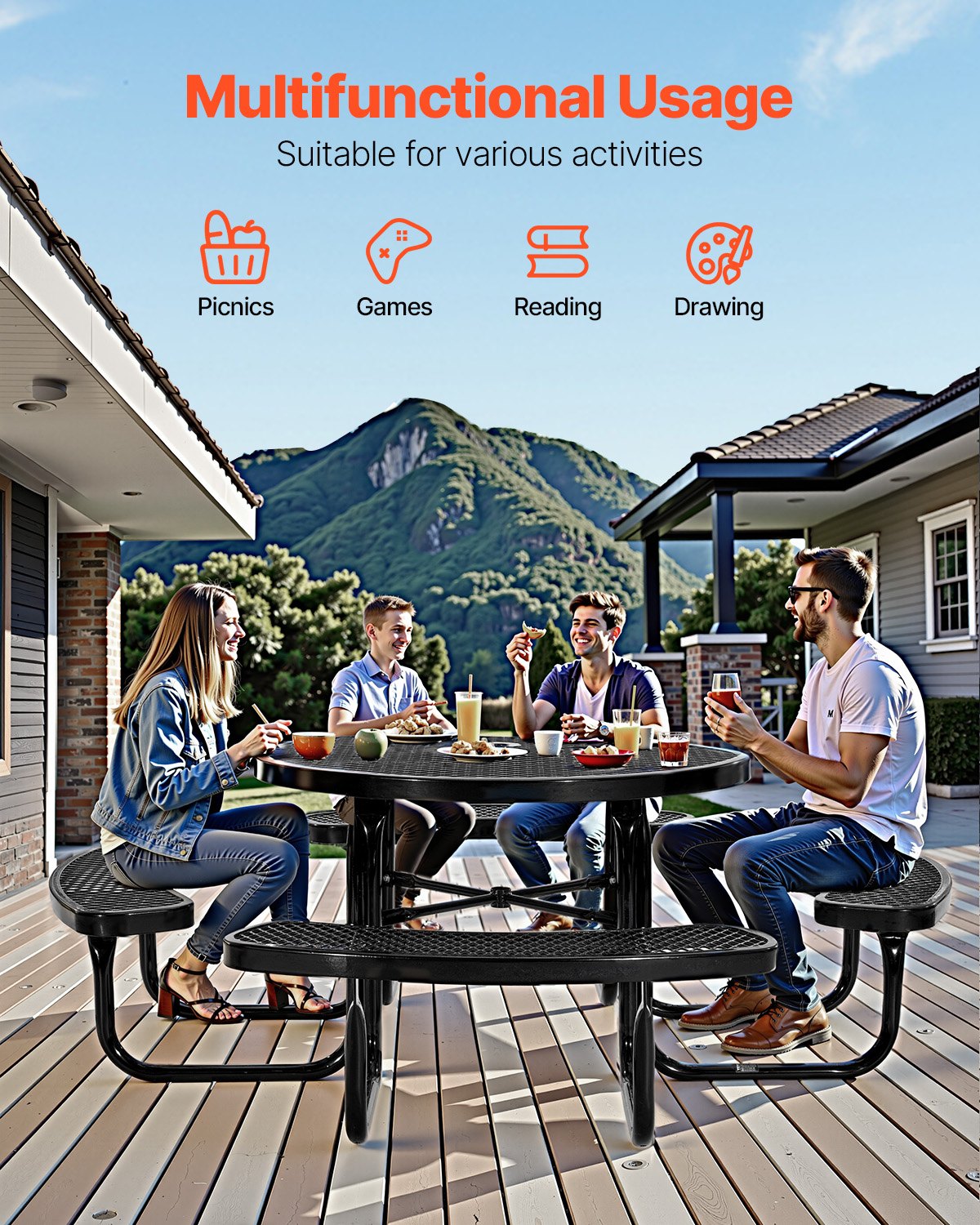 VEVOR Heavy-Duty Picnic Table, Outdoor Furniture Weather Resistant Patio Dining Set, Coated Steel Tables with Umbrella Hole, 46" Round Table and Bench Set, for Garden, Backyard, Porch (Black)