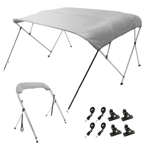 VEVOR 4 Bow Bimini Top Boat Cover, 900D Polyester Canopy with 1" Aluminum Alloy Frame, Waterproof and Sun Shade, Includes Storage Boot, 2 Support Poles, 4 Straps, 8'L x 54"H x 91"-96"W, Light Grey