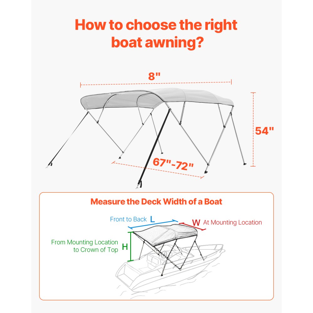 VEVOR 4 Bow Boat Bimini Tops, 600D Polyester Canopy with Aluminum Alloy Frame, Waterproof & Sun Shade Boat Awning Canopy with Storage Bag, 2 Support Poles, 4 Straps, 96"Lx(67"-72")Wx54"H, Light Grey