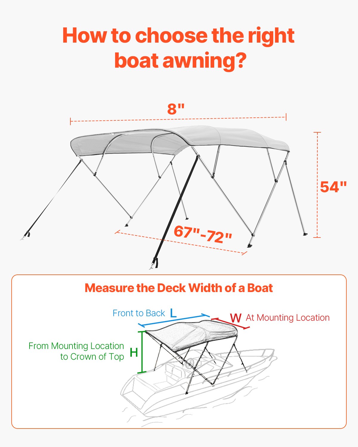 VEVOR 4 Bow Boat Bimini Tops, 600D Polyester Canopy with Aluminum Alloy Frame, Waterproof & Sun Shade Boat Awning Canopy with Storage Bag, 2 Support Poles, 4 Straps, 96"Lx(67"-72")Wx54"H, Light Grey