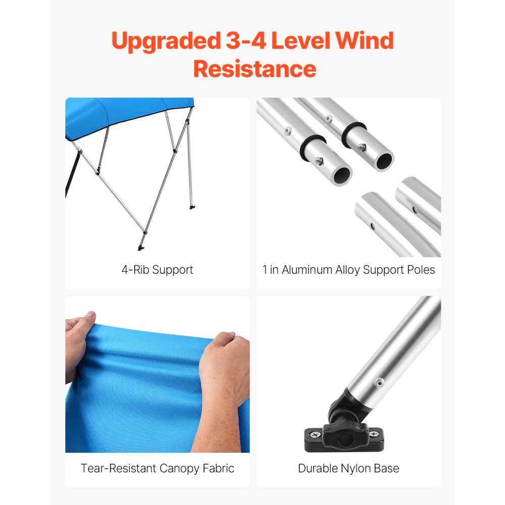 VEVOR 4 Bow Boat Bimini Tops, 600D Polyester Canopy with Aluminum Alloy Frame, Waterproof & Sun Shade Boat Awning Canopy with Storage Bag, 2 Support Poles, 4 Straps, 96"Lx(79"-84")Wx54"H, Pacific Blue